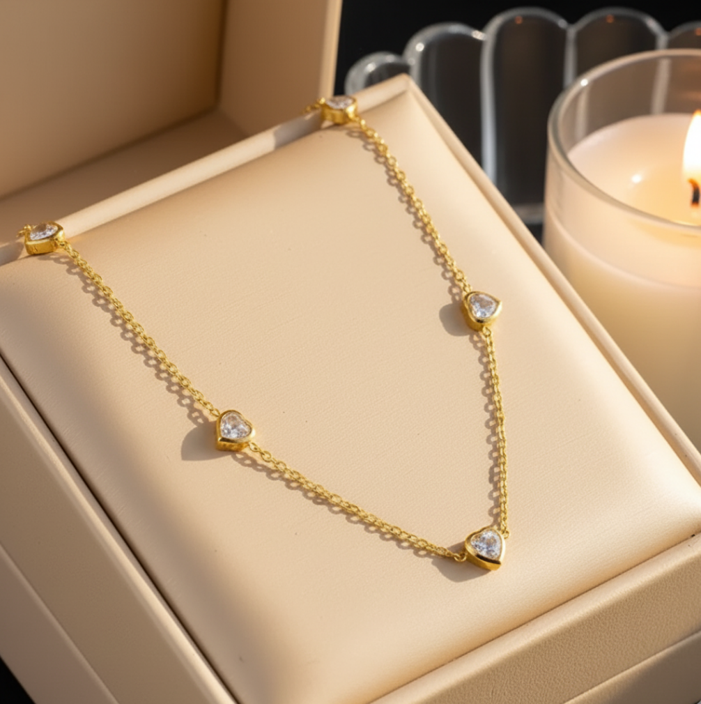 Starlit Heart Necklace – Elegant Gold Chain with Sparkling Charms