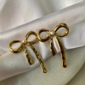 Golden Bow Antitarnish Earrings – Elegant Pearl-Detail Metallic Bow Studs