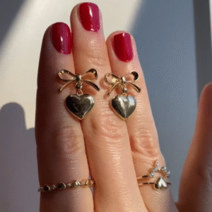 Anti-Tarnish Gold Love Heart Drop Earrings with Bow