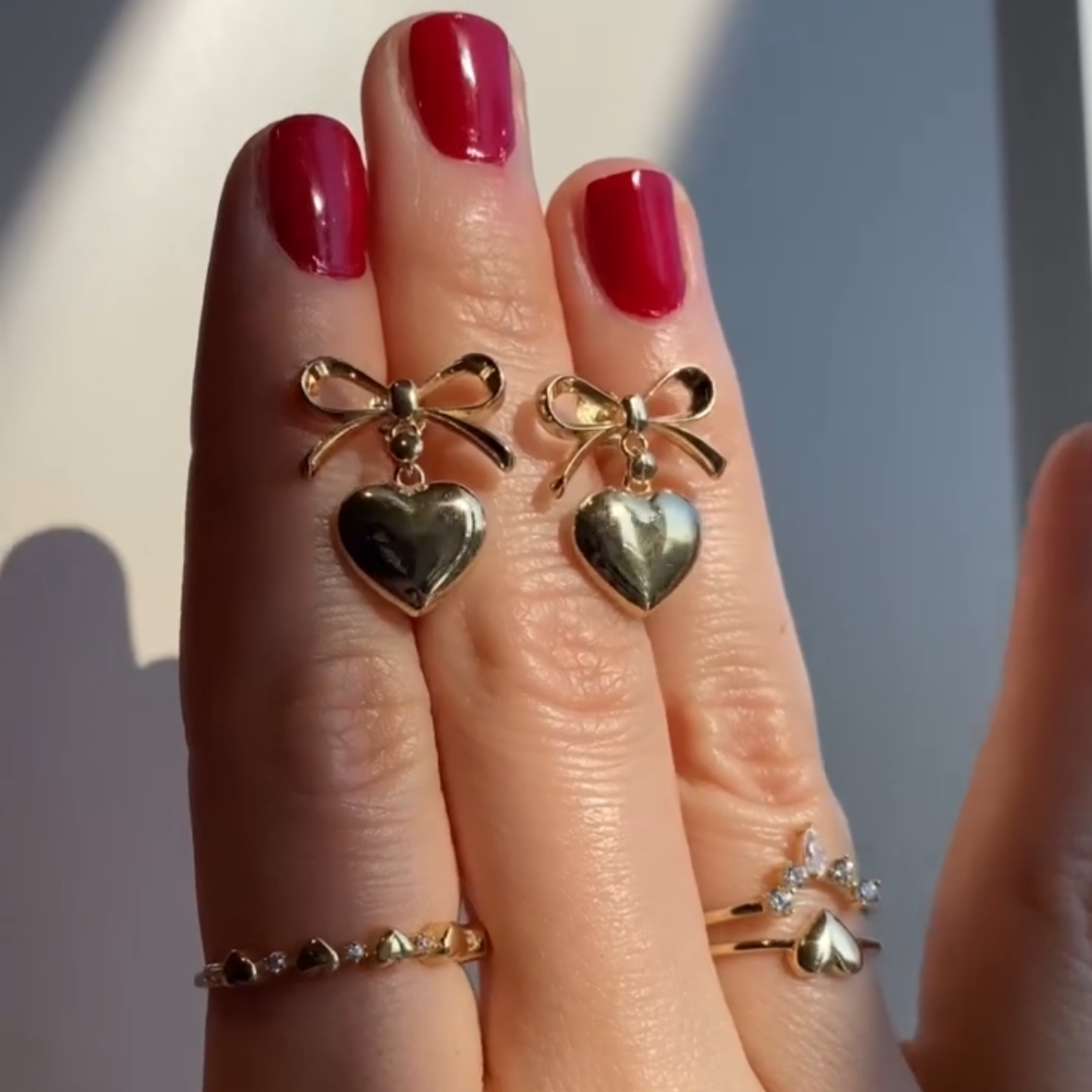 Anti-Tarnish Gold Love Heart Drop Earrings with Bow