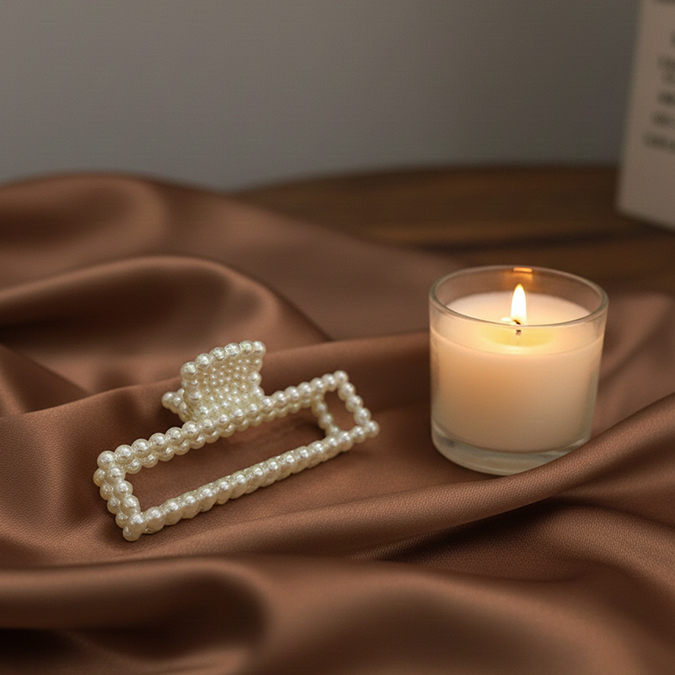 Rect Faux Pearl Hair Claw – Elegant Pearl-Studded Rectangle Clip